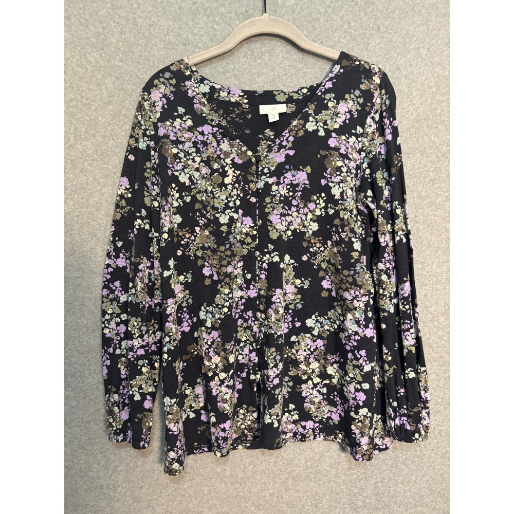 J Jill Floral Tunic Top‎ XS Petite Black Purple Boho Soft Stretch Blouse